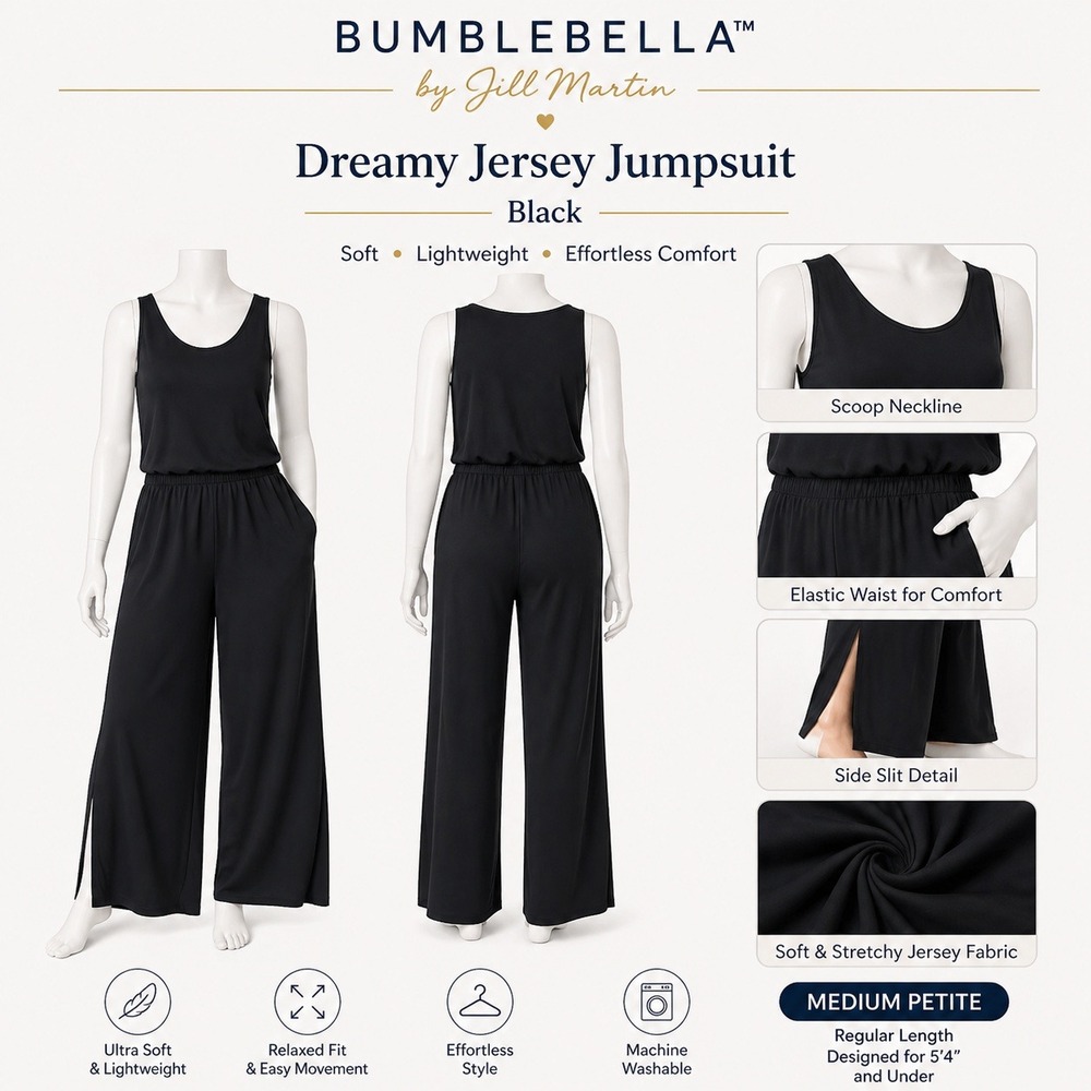 BumbleBella by Jill Martin Dreamy Jersey Jumpsuit Black Wide Leg Petite Medium‎